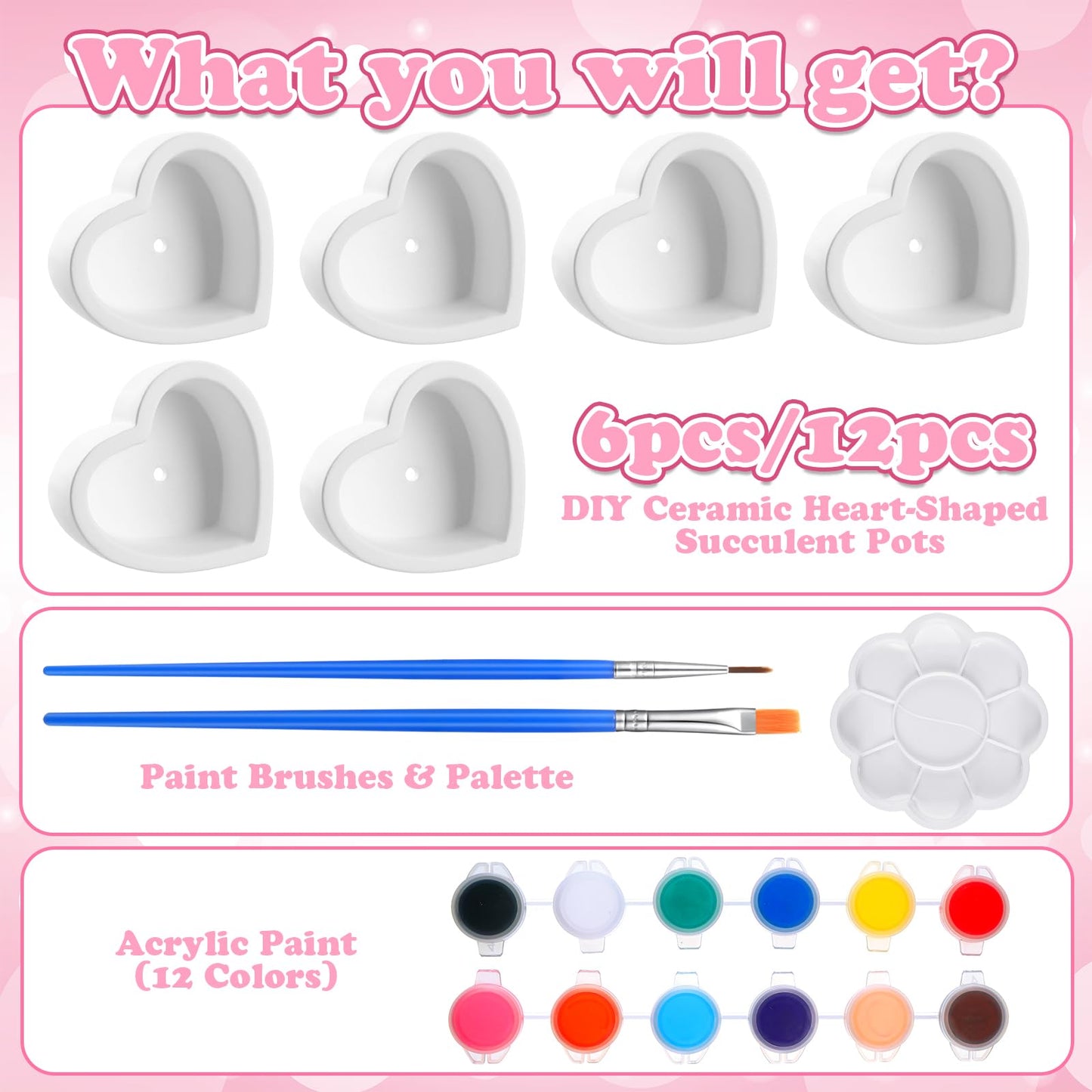 Beeveer 6 Pcs DIY Craft Kits Make Your Own Ceramic Succulent Planters Paintable Heart Shaped Decoration, and Ceramic Succulent Planters Kit for Mother's Day from Daughter Son