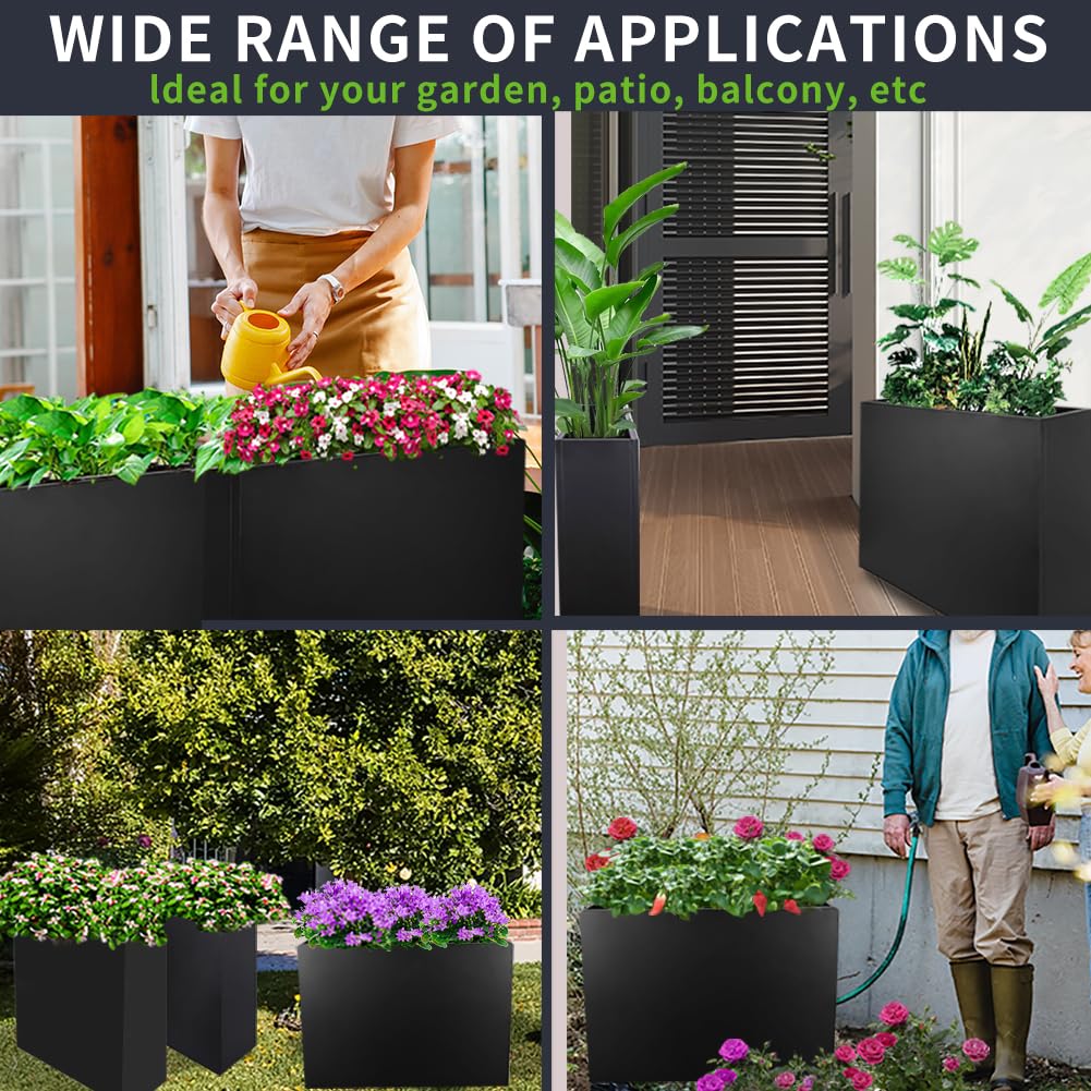 Megawodar Metal Tall Long Planter Box Large Rectangular Planter Flower Pot with Drainage Holes for Indoor Outdoor Deck Porch Garden Home Patio Front Door (Black, M)