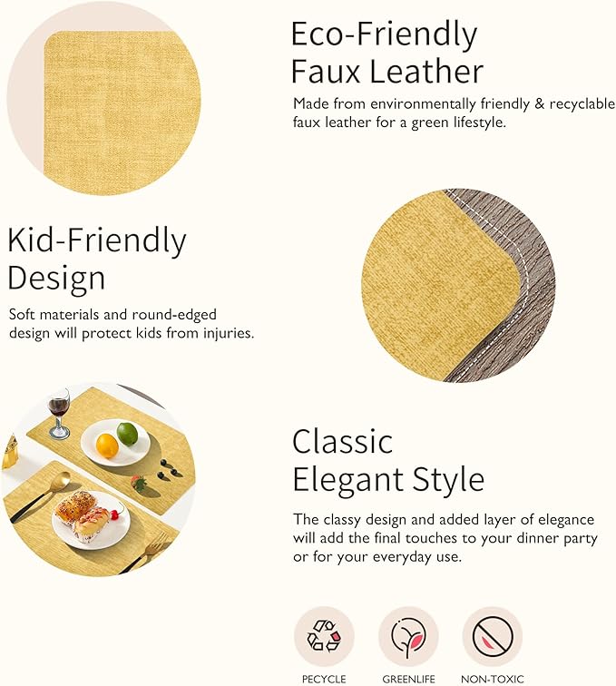 Maxpearl Faux Leather Placemats Set of 4 - Waterproof - Wipe Clean - Heat Resistant - Anti Slip Dining Table Place Mats, Suitable for Indoor & Outdoor Use, 17’’×12’’, Light Yellow