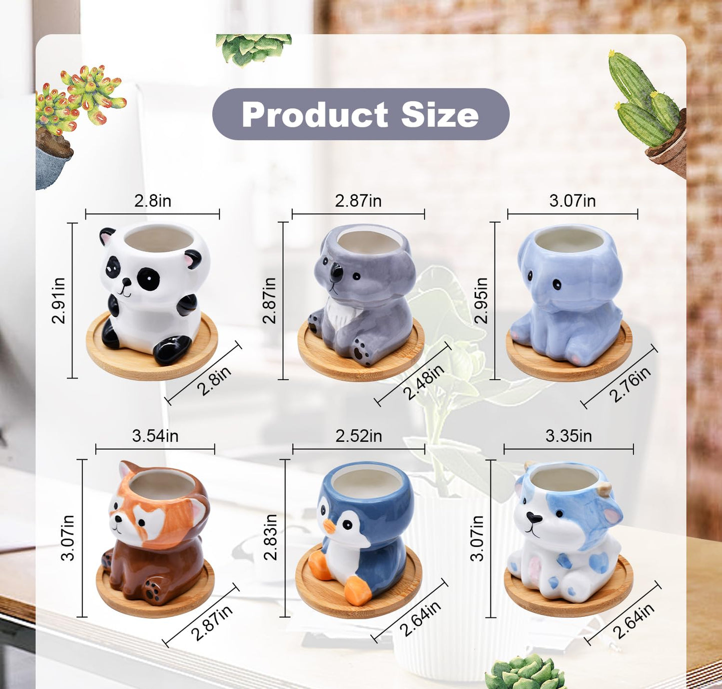 6 Pack Animal Ceramic Succulent Pots with Drainage – Mini Cute Planters with Bamboo Trays for Indoor Plants & Cactus, Adorable Animal Pots for Desk, Office, Home Decor, Gift for Kids & Plant Lovers