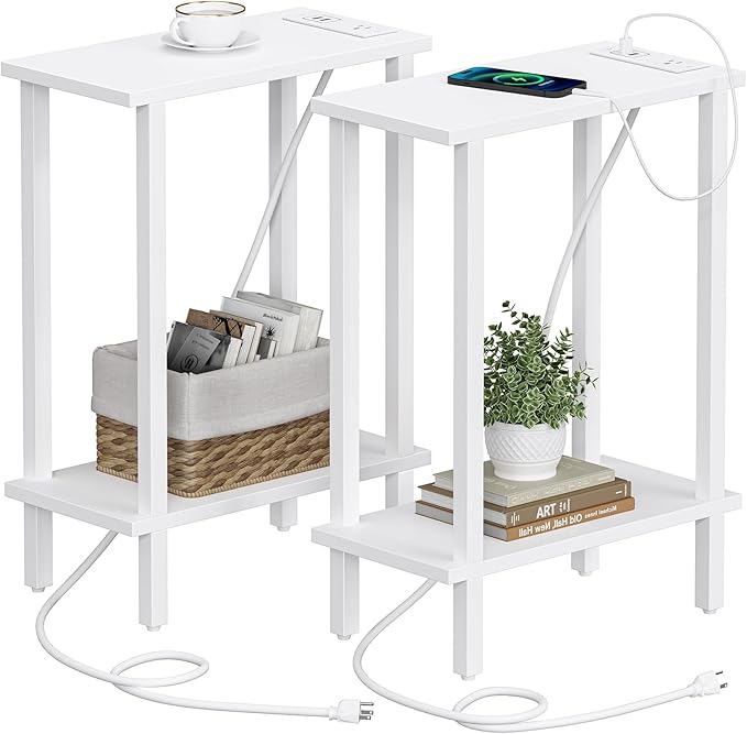 TUTOTAK Small End Table with Charging Station, Narrow Side Table with USB Ports