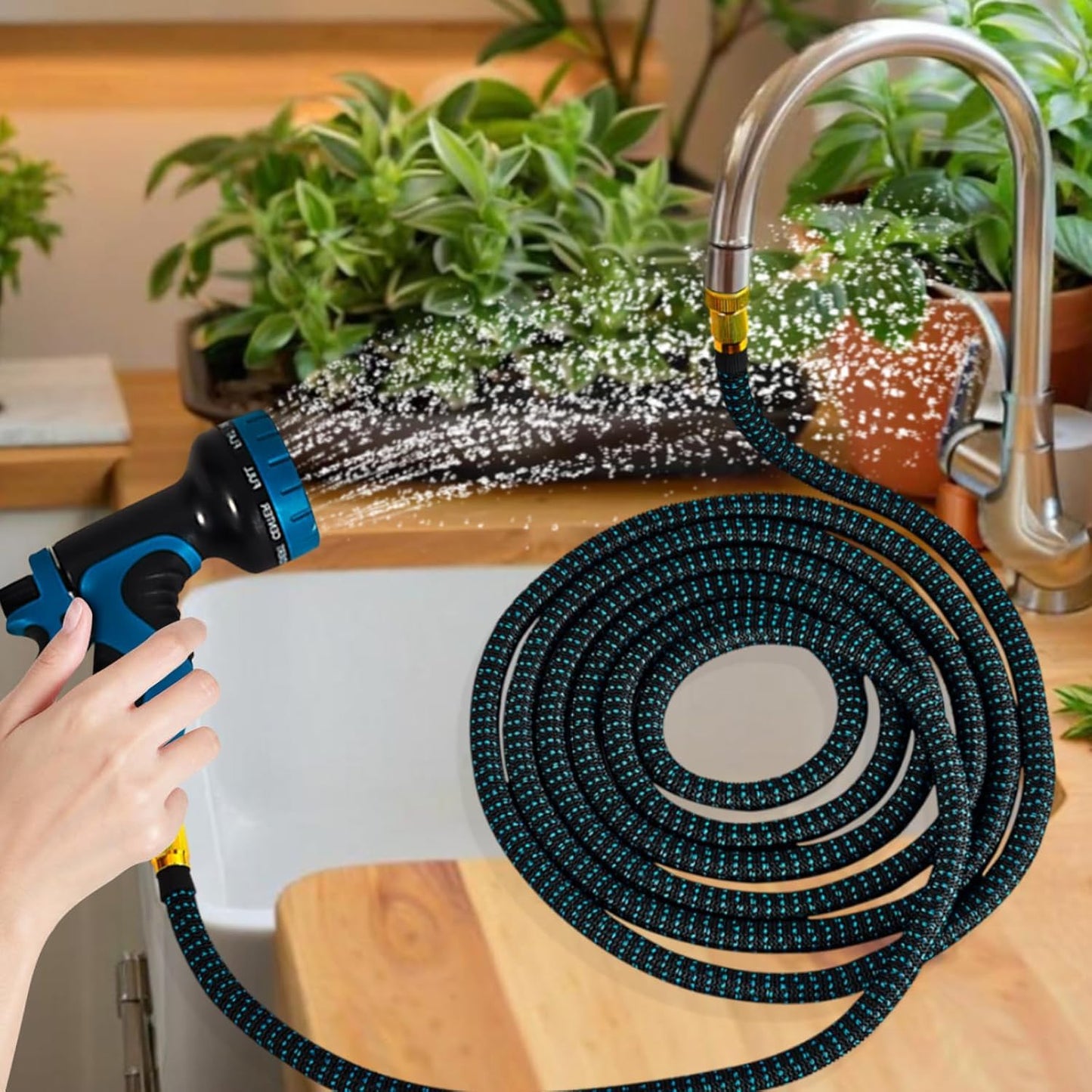 Lotoo Sink Hose Attachment for Faucet with 7 Adapters, 100 FT Indoor Faucet Hose for Kitchen Sink or Bathroom Sink Faucet with 10-Function Nozzle, Watering, Washing Pet, Household Cleaning Car Washing