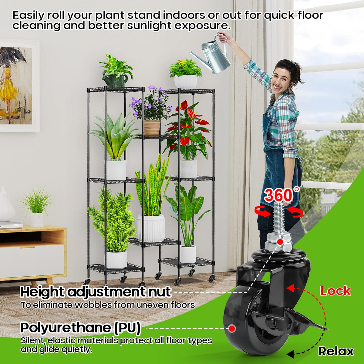Abimars 59'' Plant Stand with Wheels, Shelf Height Adjustable Metal Plant Shelf for 8 Potted Plants, DIY Assembly Indoor & Outdoor Plant Display Rack