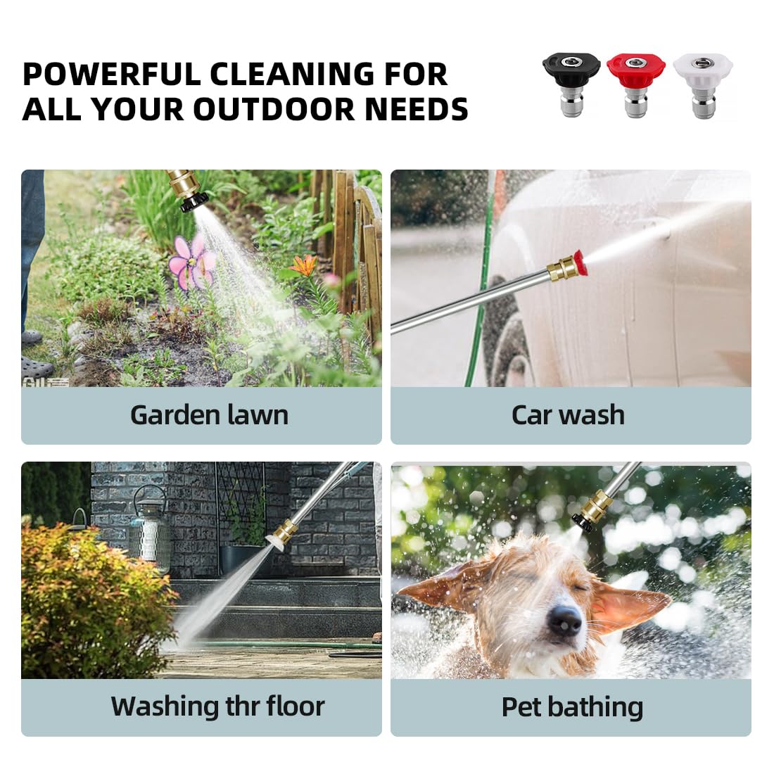 Jet Nozzle Power Washer Wand Hose Nozzle, Hydro Jet High Pressure Watering Sprayer Tool with 3 Different Nozzles, Water Hose Nozzle with Quick Connectors for Car, Gutter, Window Washing,Grey