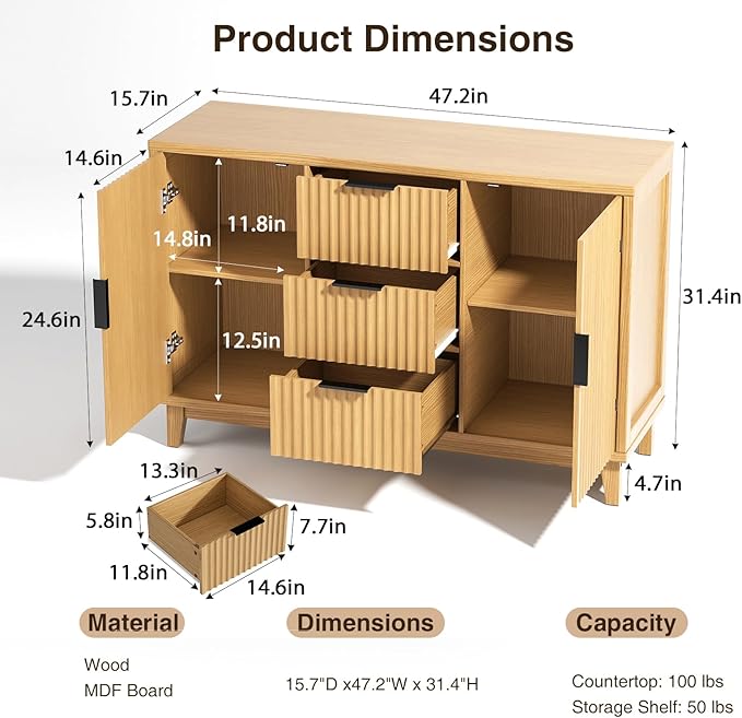47.2" W Storage Cabinet with 3 Drawers, Fluted Buffet Cabinets with Storage