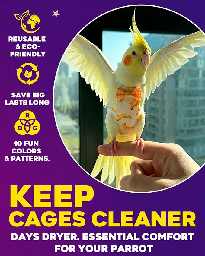10Pcs Reusable Bird Diapers - Washable Parrot Nappy with Waterproof Lining & Adjustable Straps for Pigeons (Size S)