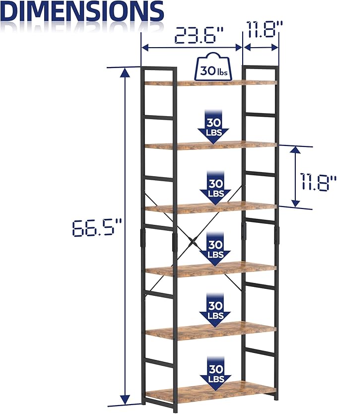 NUMENN 6 Tier Bookshelf, Tall Bookcase Shelf Storage Organizer, Modern Book