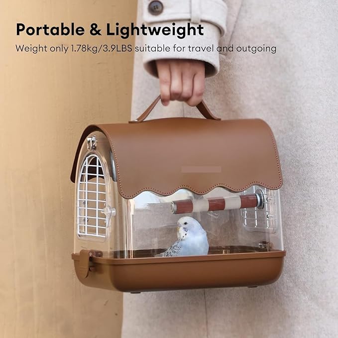 Birdcage Bird Carrier Backpack with Perch, Transparent Travel Bird Cage Bag with Shade Cover Visible Window for Parrots Budgie Bird Flight Cage(Brown)