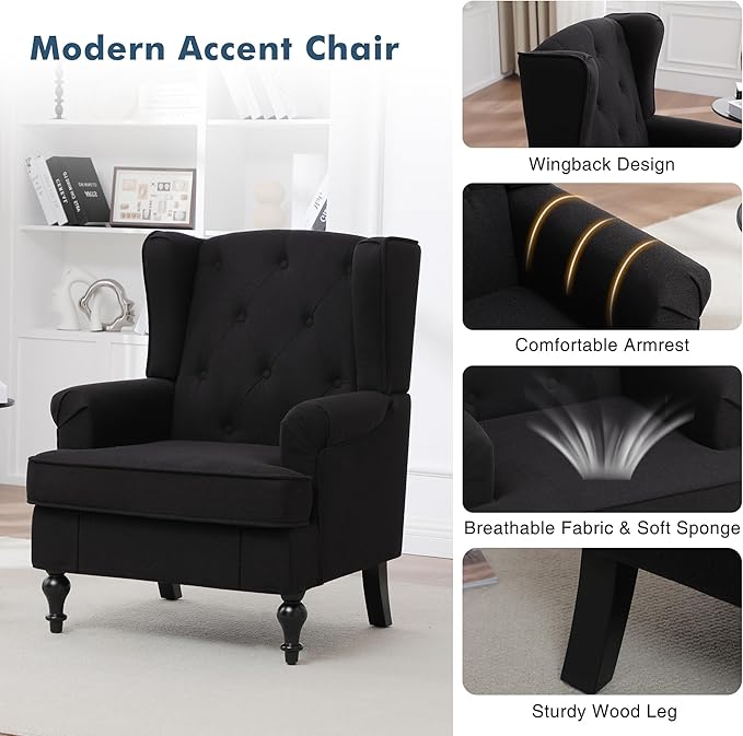 Accent Chair Set of 2, Mid Century Modern Fabric Wingback Chair, Upholstered