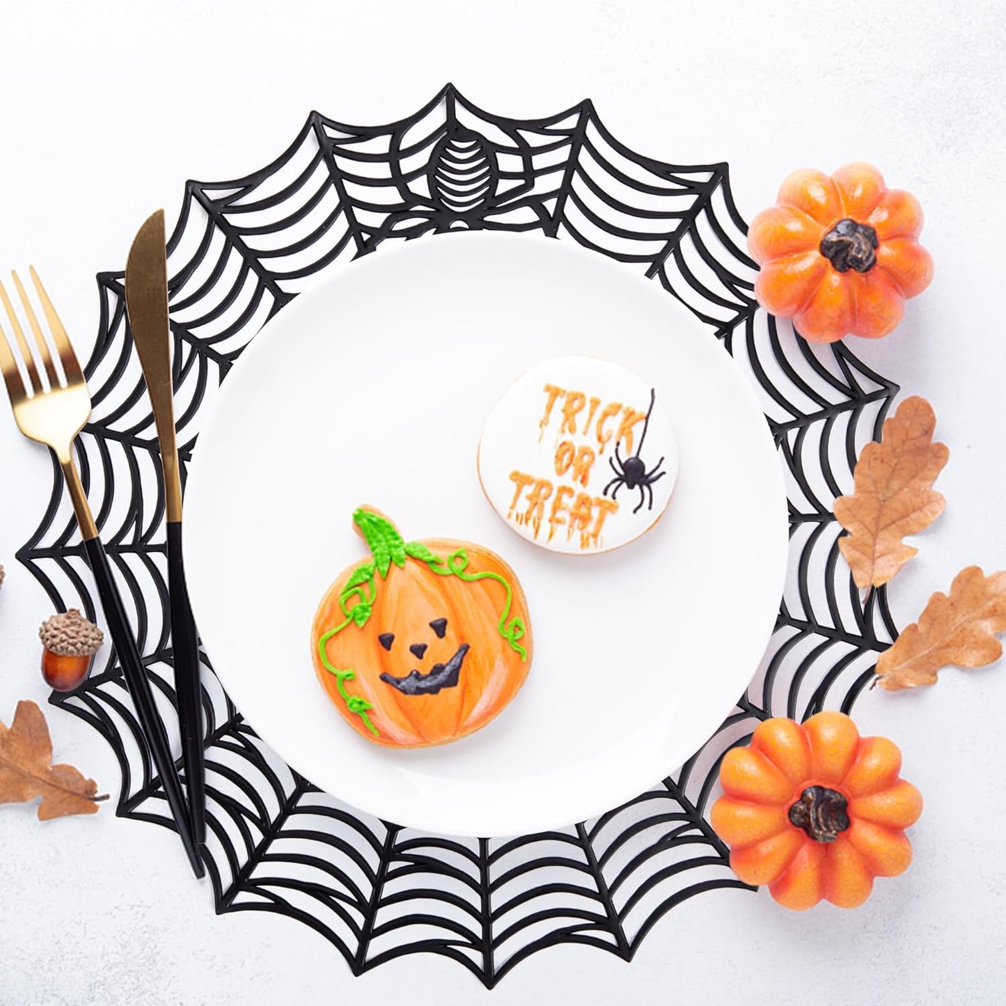 8 Pcs Halloween Spider Web Placemats- 15" Heat Insulation Halloween Placemats Spider Web Table Mats- Hollow Out Spiderweb Coasters Placemat for Dining Table Halloweens Decoration (Black)
