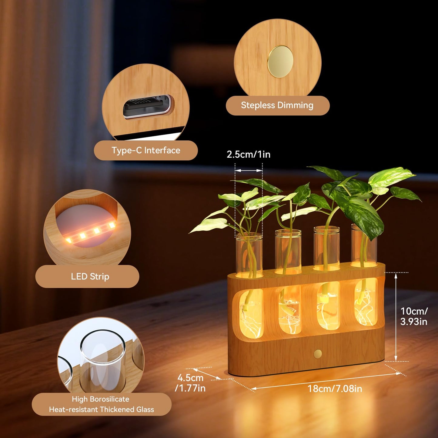 Giunn Rechargeable Plant Propagation Station with Stepless Dimming LED Light, Wooden Stand, 4 Glass Test Tubes, Home Decor for Hydroponic Plants, Unique Gifts for Women & Plant Lovers
