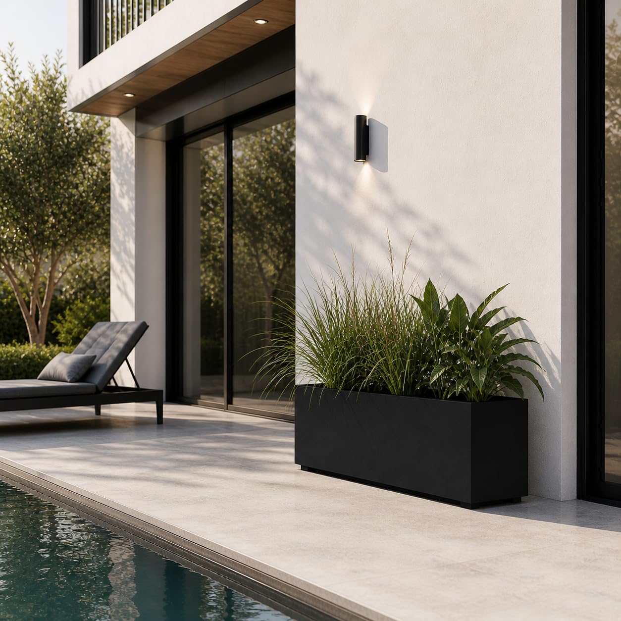 PolyStone Milan Rectangular Trough Planter – 46" x 17" x 19" – Large Lightweight Indoor/Outdoor Planter Box – Modern Stone-Look Resin – Durable All-Weather w/Drainage Holes – Made in USA – Black