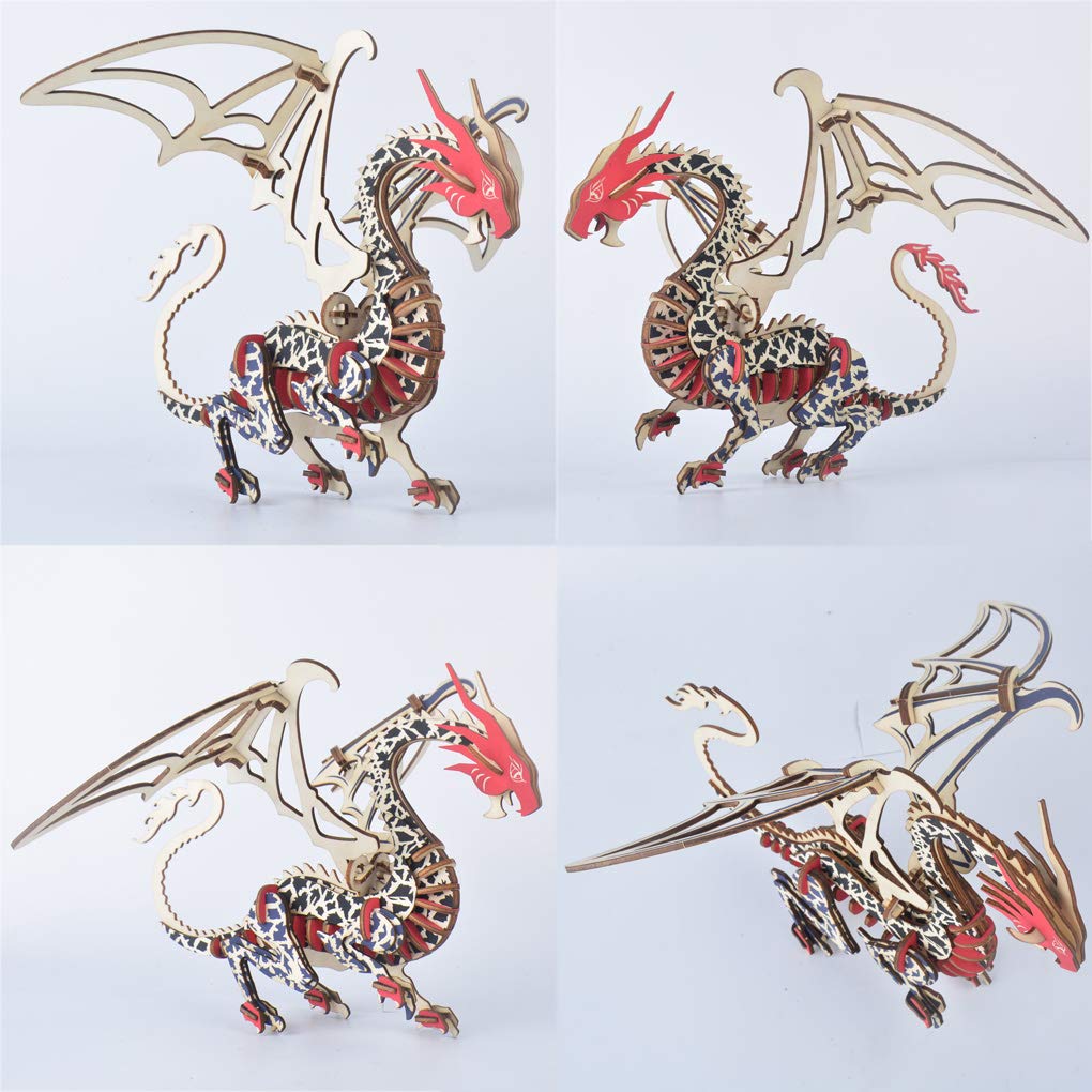 Bitopbi 3D Wooden Puzzles Laser Engraving DIY Safe Assembly Constructor Kit Toy for Teens and Adults World Animal Mechanical 3-D Models for Self-Assembly (Flying Dragon)