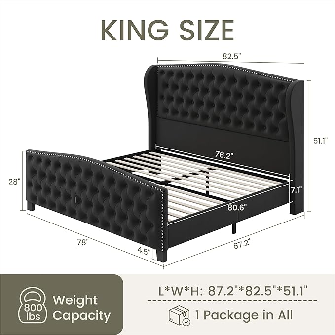LARMACE King Size Bed Frame Velvet Upholstered Platform Bed