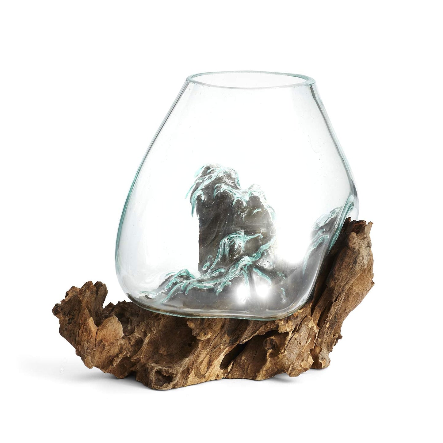 Cohasset Molten Glass | #650-24 | Molten Glass & Wood Luminary Sculpture | Terrarium | Fairy Garden | Approximately 9.5" Wide | Natural Wood and Recycled Glass |
