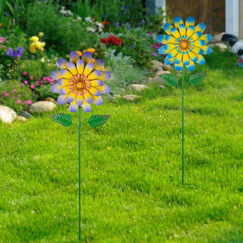 Venniy Metal Flower Decorative Garden Stakes,2 Pack Spring Outdoor Decor Large Metal Yard Art for Flower Bed Yard Lawn Decor