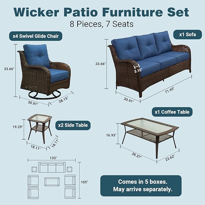 Patio Furniture Set, High Back Rattan Sofa & Swivel Rocker Chairs, Weather