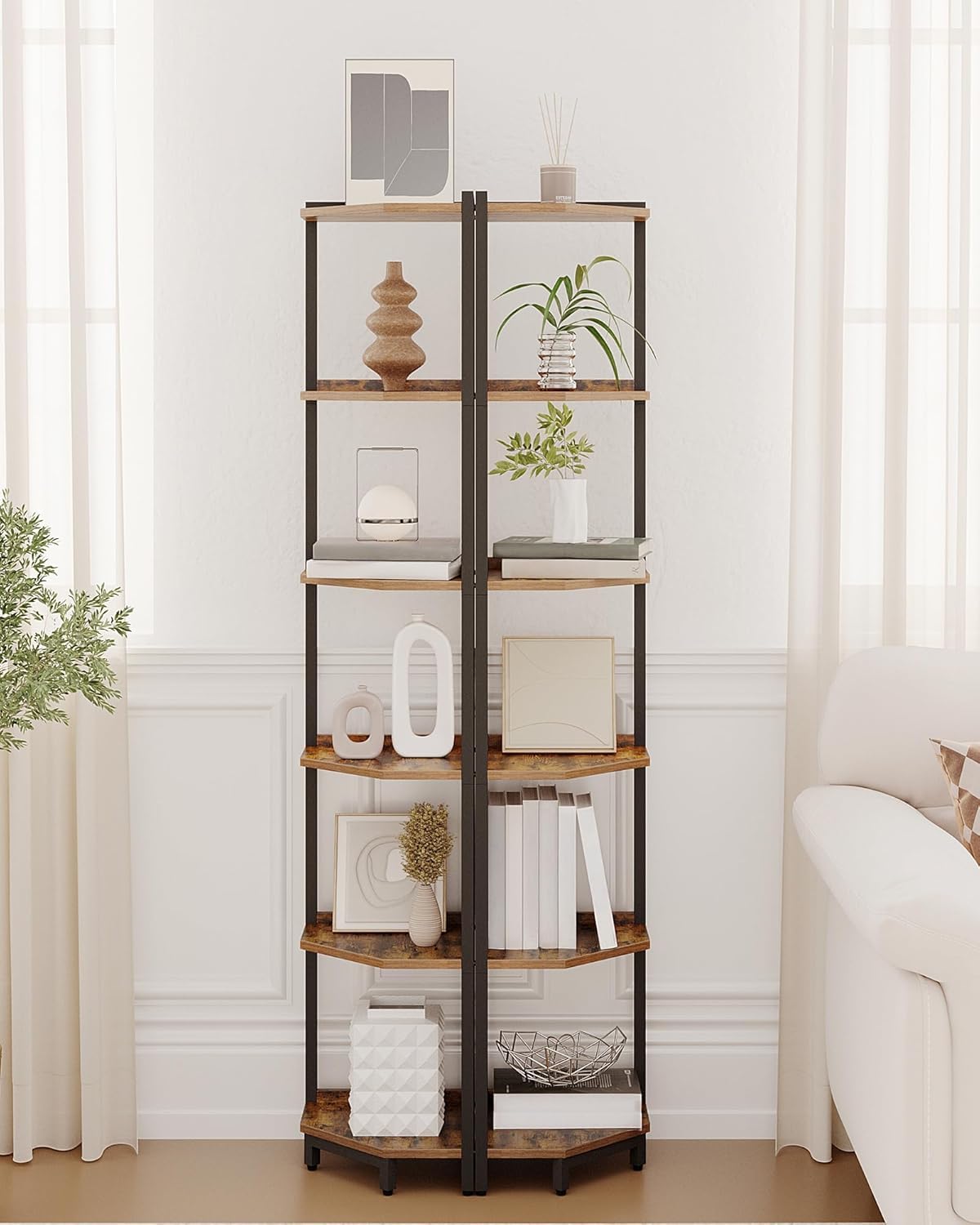 Hzuaneri Corner Shelf Stand, Corner Bookshelf, Storage Standing Shelf Unit with Metal Frame, Plant Stand, Bookcase for Living Room, Home Office, Bedroom, 6-Tier Rustic Brown CS06001B