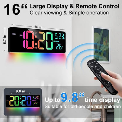 16" Bluetooth Large Digital Wall Clock/Auto Time Sync, 10 RGB Colors Digital Clock Large Display with Remote, Auto-Dimming/DST, Calendar, Timer, Alarm, 6 Night Lights Big Clock for Decor