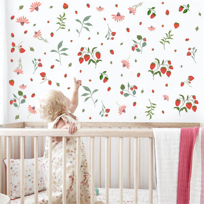 Strawberry Wall Decals Berry Fruit Wall Stickers Floral Leaf Fruits Leaves Stickers Cute Strawberries Wall Sticker Removable Berries Strawberry Decals for Nursery Girls Room Bedroom Decor