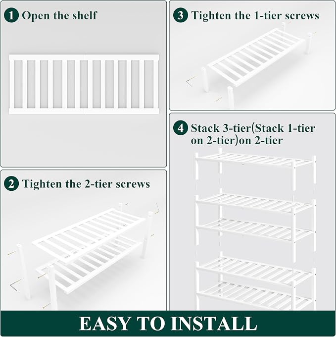 Smiry Bamboo Shoe Rack, 5 Tier Free Standing Wooden Shoe Organizer, Stackable Wood Shoe Storage Shelf for Closet, Entryway, 12 Vertical Slats, 2+2+1 Stack Standard Legs, 26.8"x11"x32.5", White