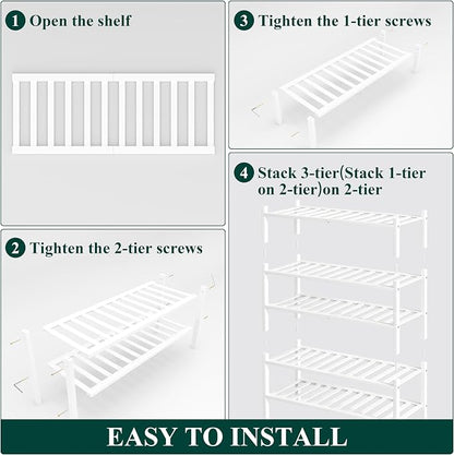 Smiry Bamboo Shoe Rack, 5 Tier Free Standing Wooden Shoe Organizer, Stackable Wood Shoe Storage Shelf for Closet, Entryway, 12 Vertical Slats, 2+2+1 Stack Standard Legs, 26.8"x11"x32.5", White