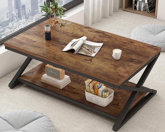 HSH Rustic Coffee Table with Storage Shelf, Industrial Metal Wood Living Room