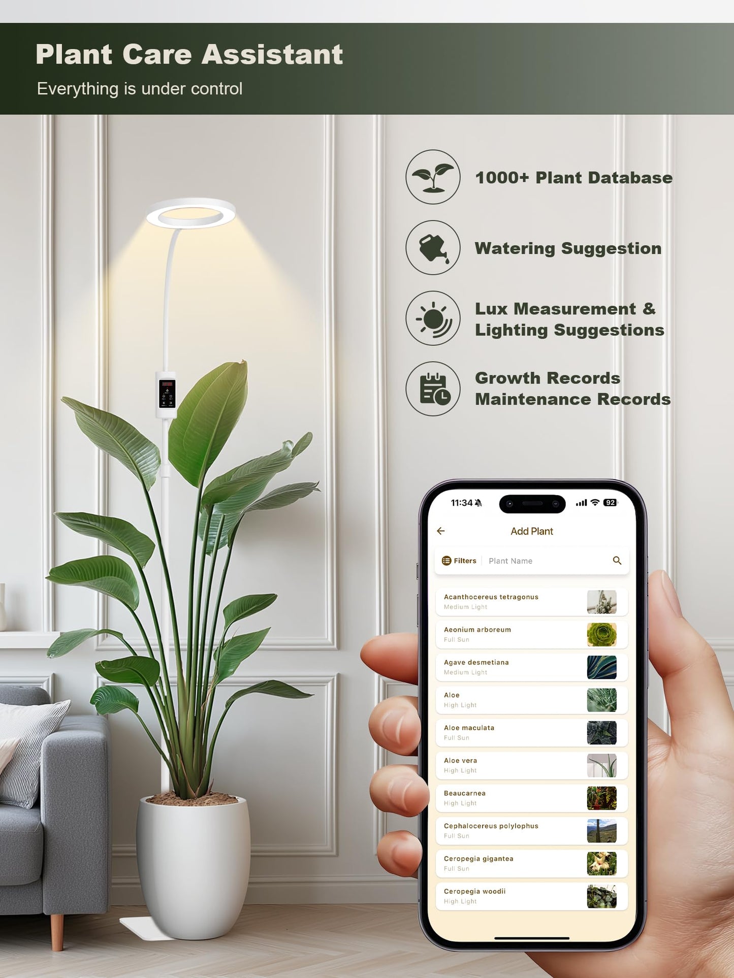 GLOWRIUM Smart Grow Lights for Indoor Plants, 24W Full Spectrum Plant Lights with Bluetooth App, Adjustable Height 47-70.9", Auto Timer, Indoor Plant Lamp for Large Tall Plants（White 24W）