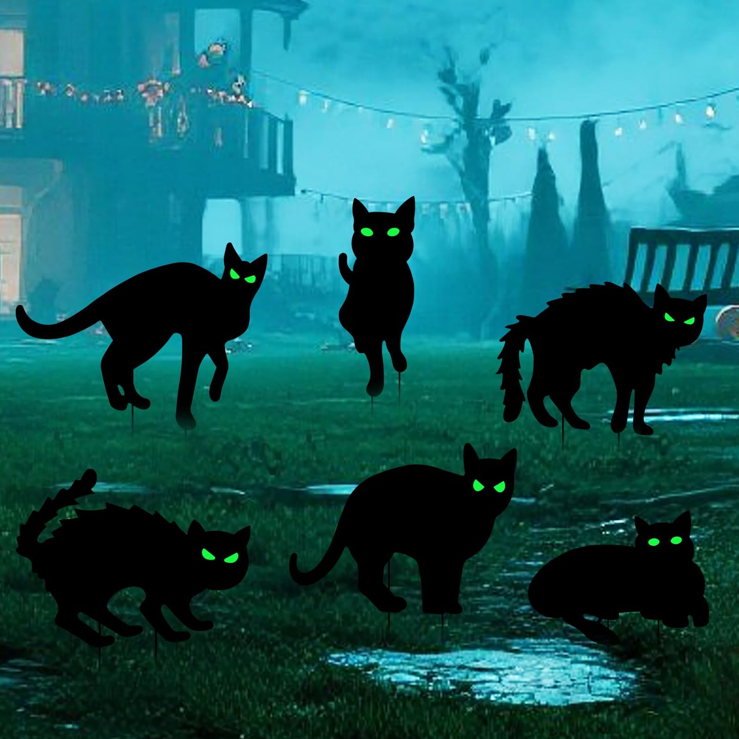 Wlicon 6 PCS Glowing Eyes Black Cat Halloween Yard Signs Halloween Black Cat Decorations Signs with Stakes and Glow-in-The-Dark Eyes Stickers Used for Outdoor Courtyard Lawn Garden Decoration
