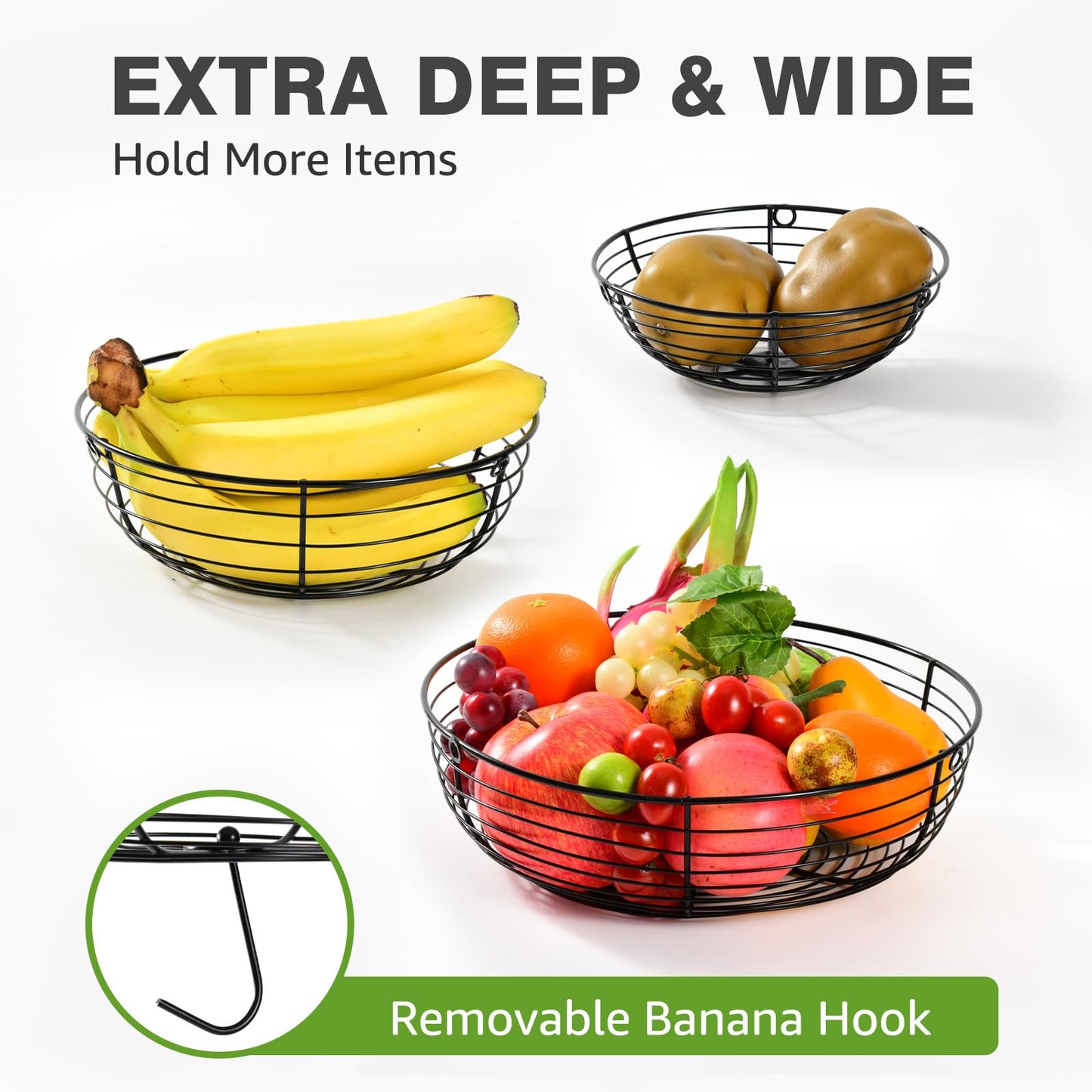 HULISEN 3 Tier Hanging Fruit Basket with Banana Hook, 36-Inch Heavy-Duty Wire Hanging Baskets for Kitchen Storage, Vegetable Produce Organizer (Including Installation Bracket)