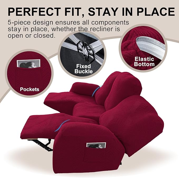 5-Piece Recliner Sofa Covers, Stretch Geometric Strokes Jacquard Recliner Sofa