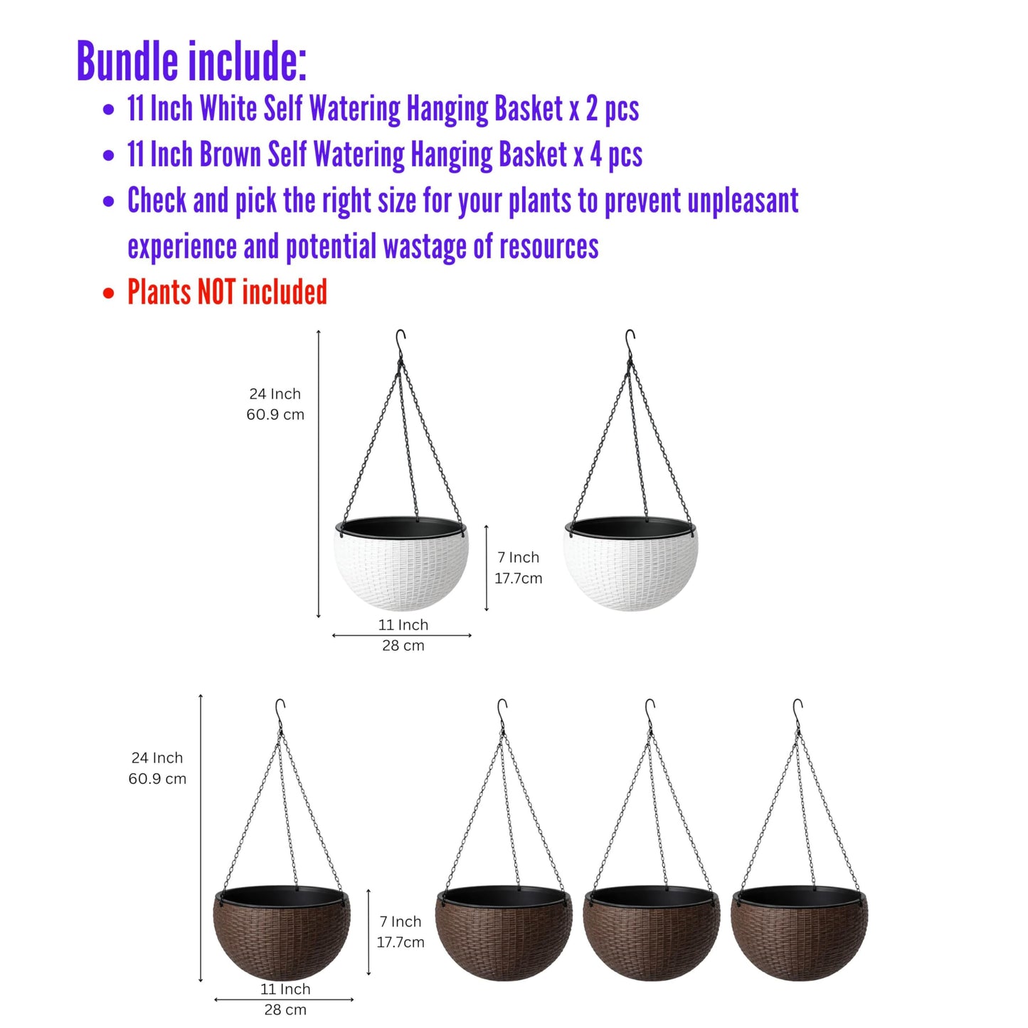 LaLaGreen Bundle- 4 Pack, 11 Inch Brown + 2 Pack, 11 Inch White Self Watering Hanging Plant Pots Round Plastic Flower Baskets with Metal Chain Rattan Style Deck Balcony Decor Porch Patio Indoor Garden
