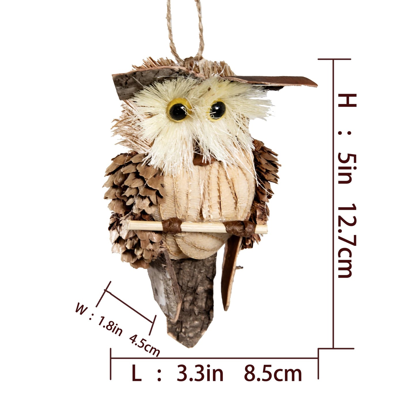 Cartanfill-Woodland Animal Owl Ornaments, Wood and Sisal, Set of 6 Assorted, Christmas Tree, Thanksgiving