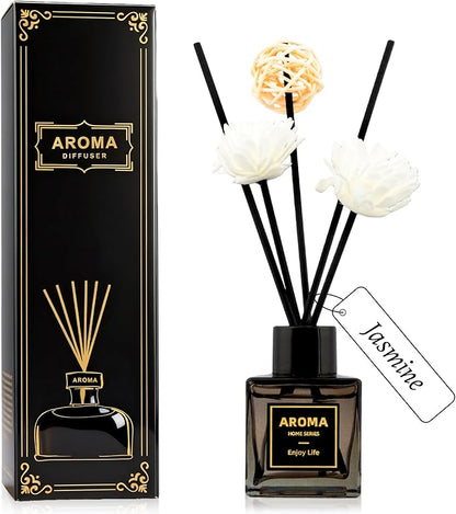 Black Glass Bottle Scent Diffuser, 1.7 oz Reed Diffuser with Sticks, Home Fragrance for Bookshelf, Bedroom Vanity, Office Desk & Bathroom Decor, Air Freshener for Aesthetic Room Decor (Jasmine)