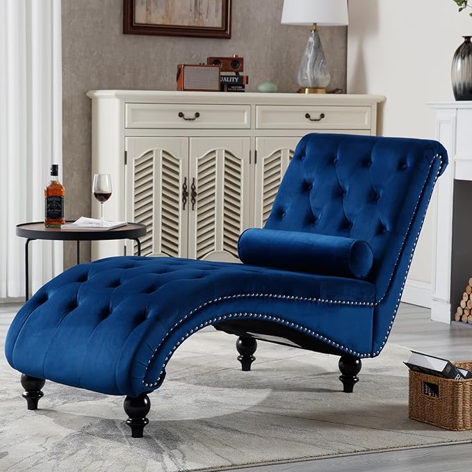 Chaise Lounge Indoor, Velvet Upholstered Lounge Chair Button-Tufted Armless