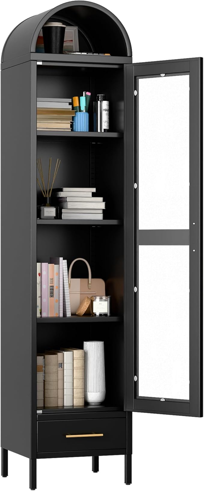 METAN Metal Arched Storage Display Cabinet, 1 Glass Door and Bottom 1 Drawer