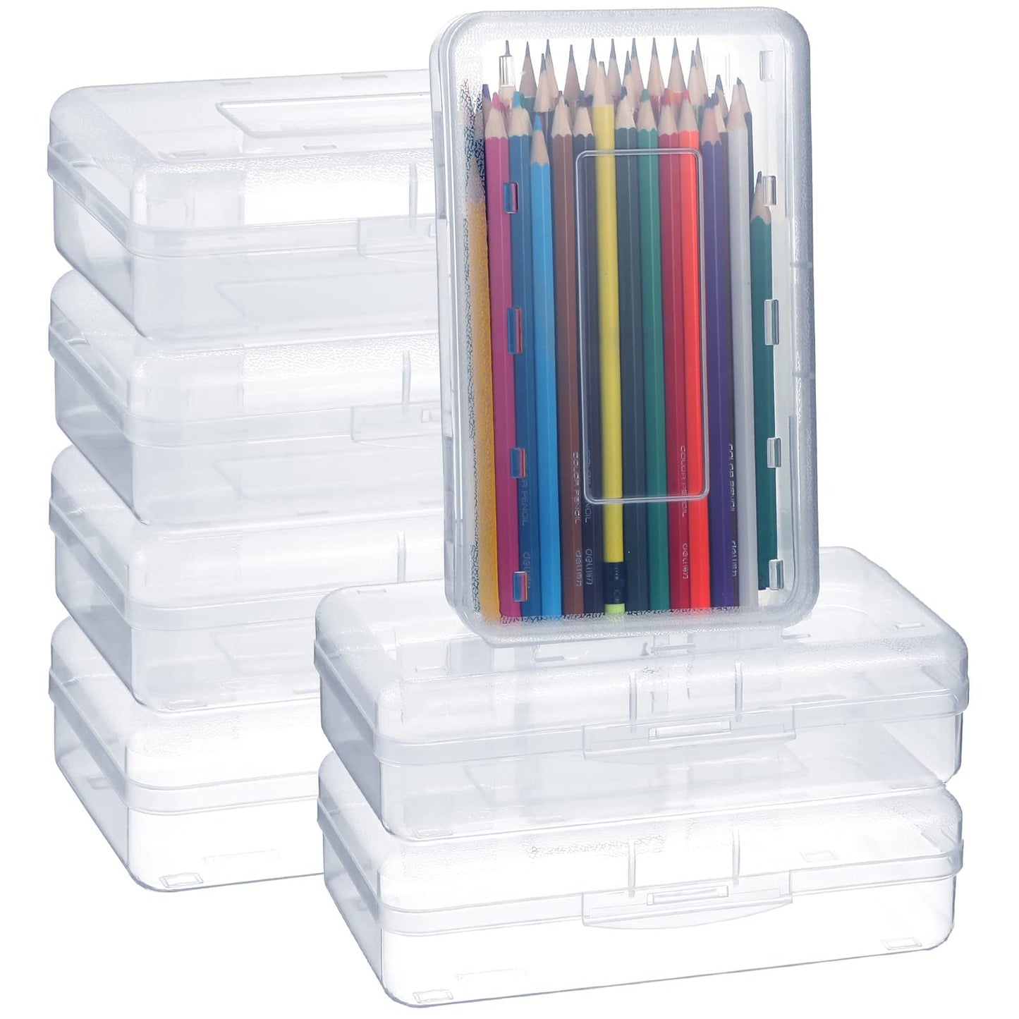 Leelosp 12 Pack Clear Pencil Boxes for School Bulk, Large Plastic Pencil Case with Lid, Stackable Hard Crayon Storage Box for Classroom Kids, Desk Drawer Organizer for Office Home(Clear)