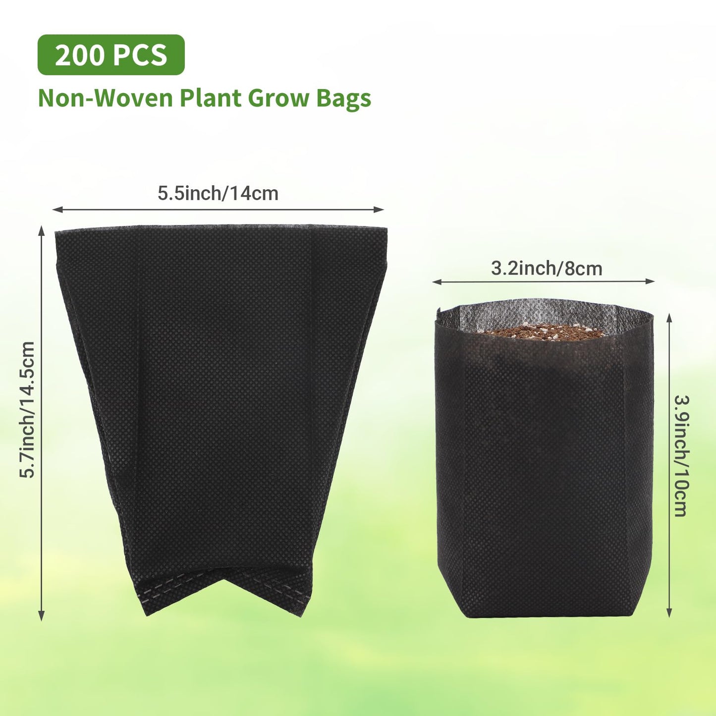 GREANER 200 PCS Biodegradable Grow Bags, Non-Woven Fabric Growing Pouches, Plant Nursery Bags for Planting, Grow Bags for Seed Starting, Soil Transplant, Home Garden Supply(5.5x5.7in)