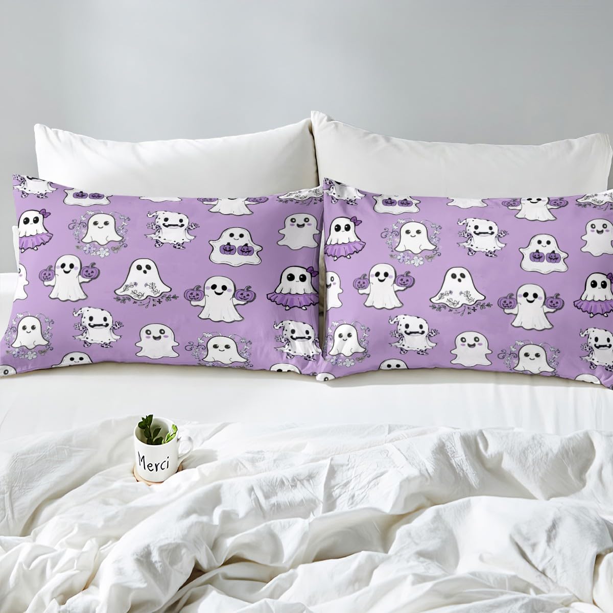 Cute Ghost Kids Duvet Cover Set Full Size, Halloween Theme Purple Bedding Set for Boy Girls, Pumpkin Lantern Floral Ghosts Comforter Cover, Soft Polyester Quilt Cover, 2 Pillowcases, No Comforter
