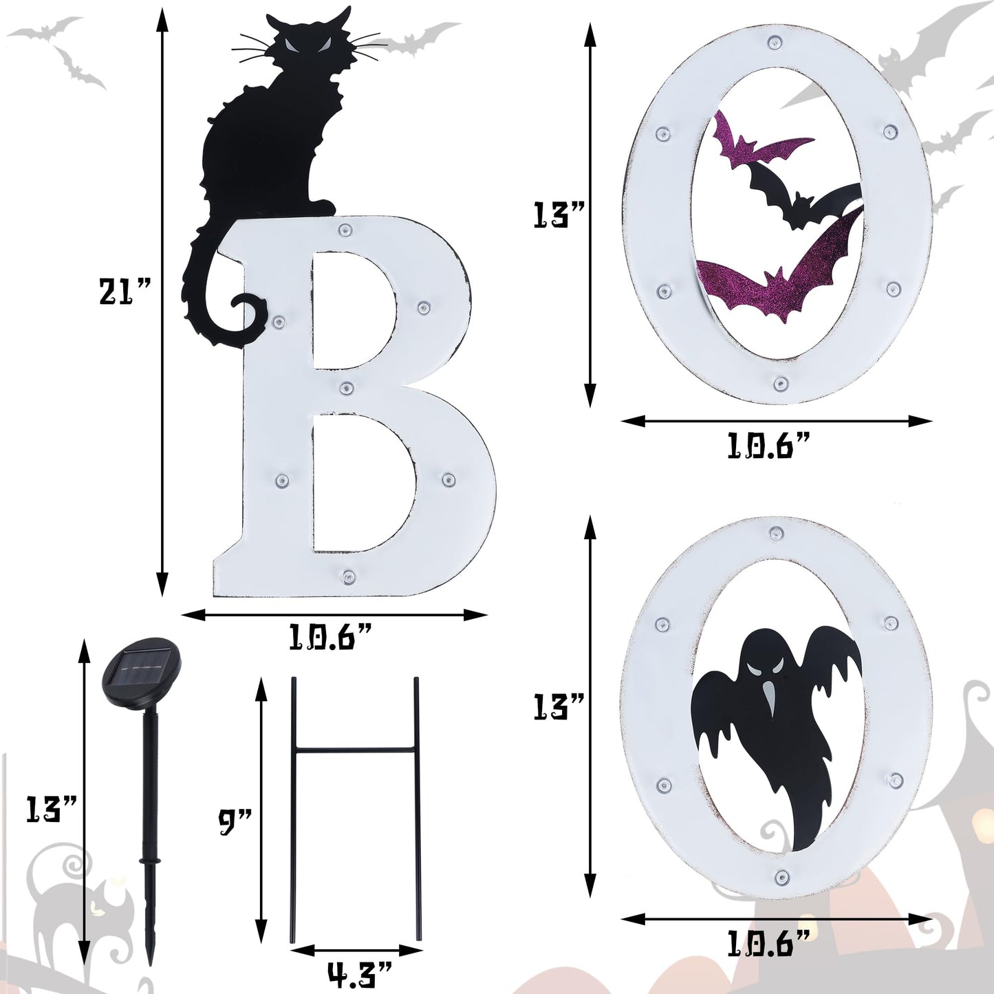 Prsildan 3 Pack Halloween Decorations Outdoor -Solar Powered Lighted Boo Yard Sign with Bats, Cat & Ghost, Waterproof Metal Lawn Stakes for Front Yard, Porch, Garden - Spooky Halloween Party Decor