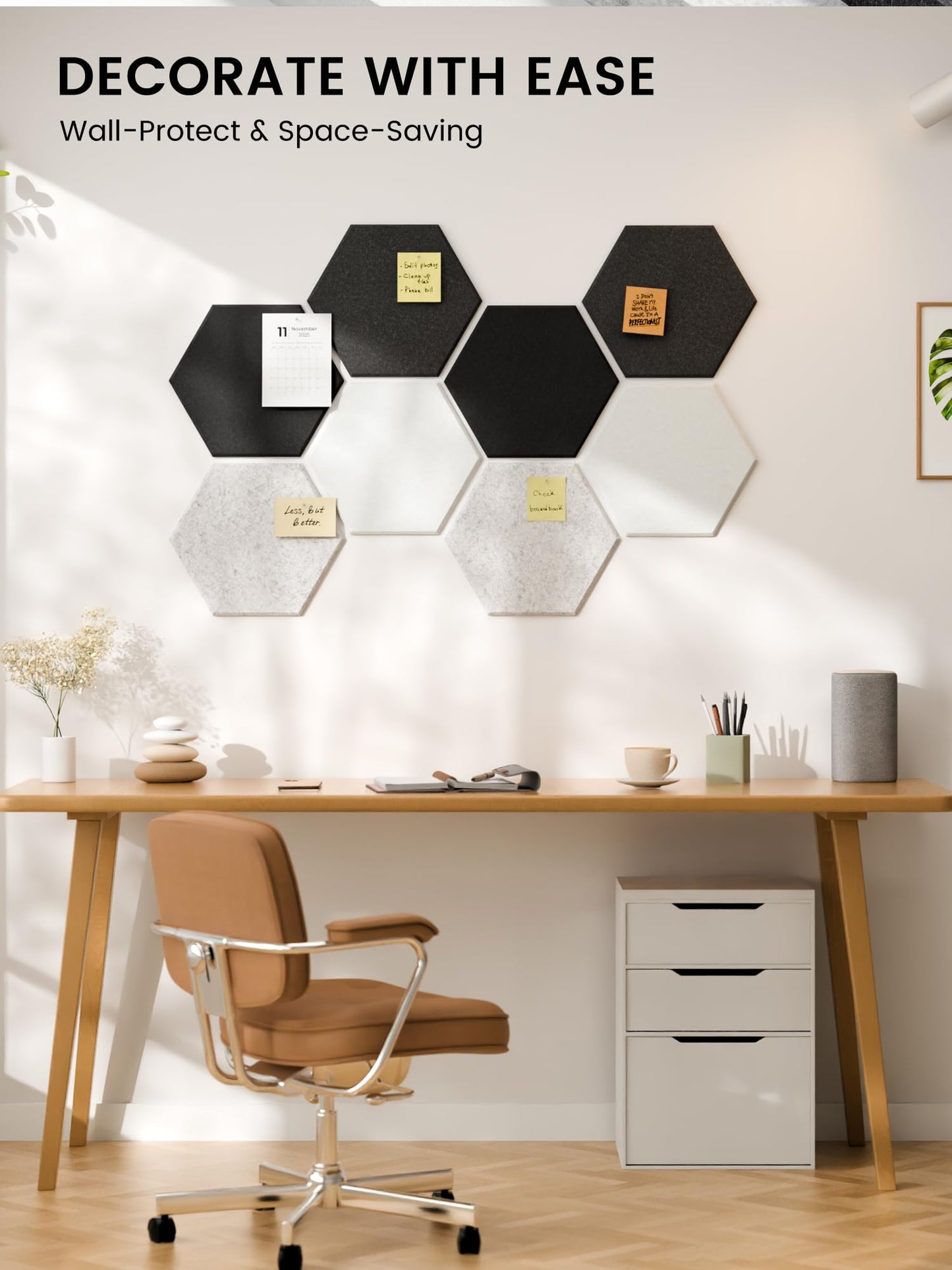 Fluxynara Hexagon Cork Board Alternative for Walls Decor-8-Pack Felt Bulletin Board Tiles,with 30 Pushpins,50 Adhesive Tabs for Office,Classrooms & Home Pin Board Felt Board-Concrete Echo