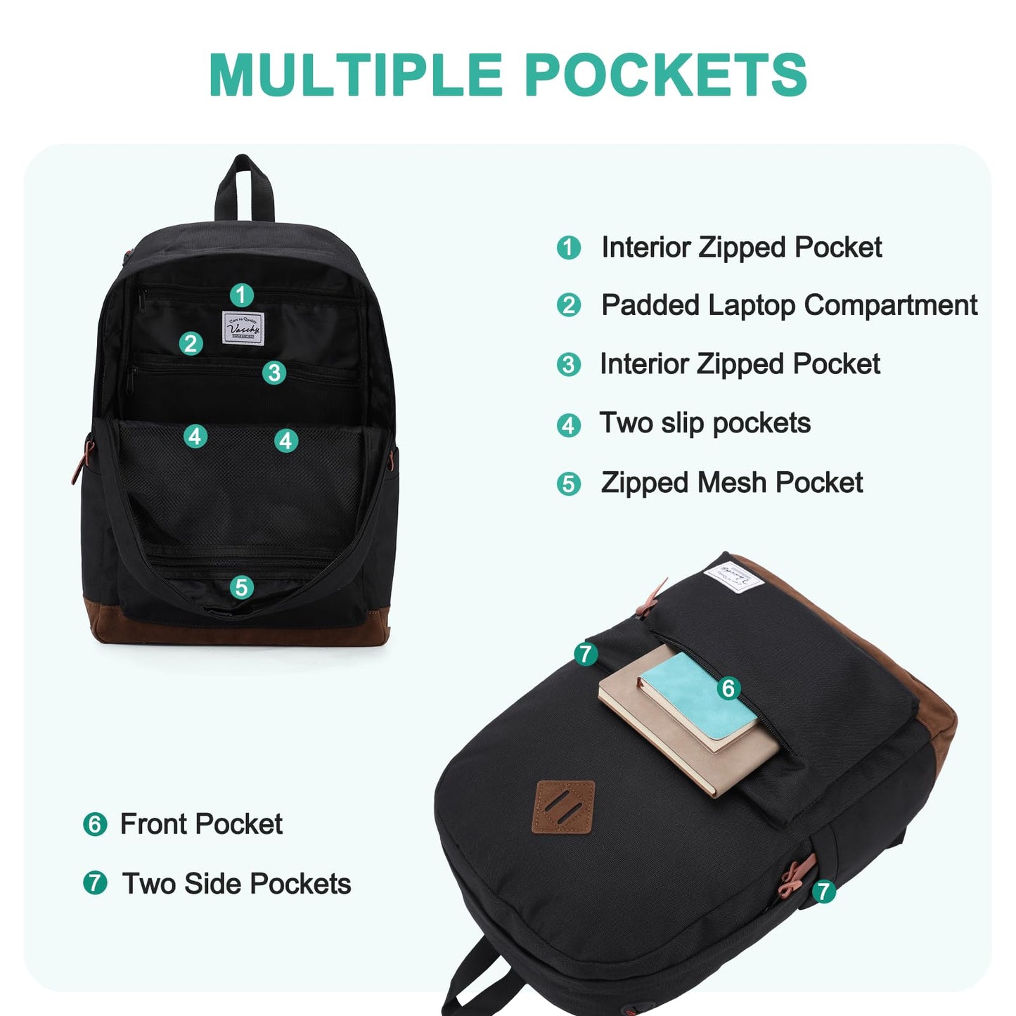 VASCHY Backpack for Men, Unisex Classic Water-resistant College School Backpack Bookbag Laptop Backpack Black