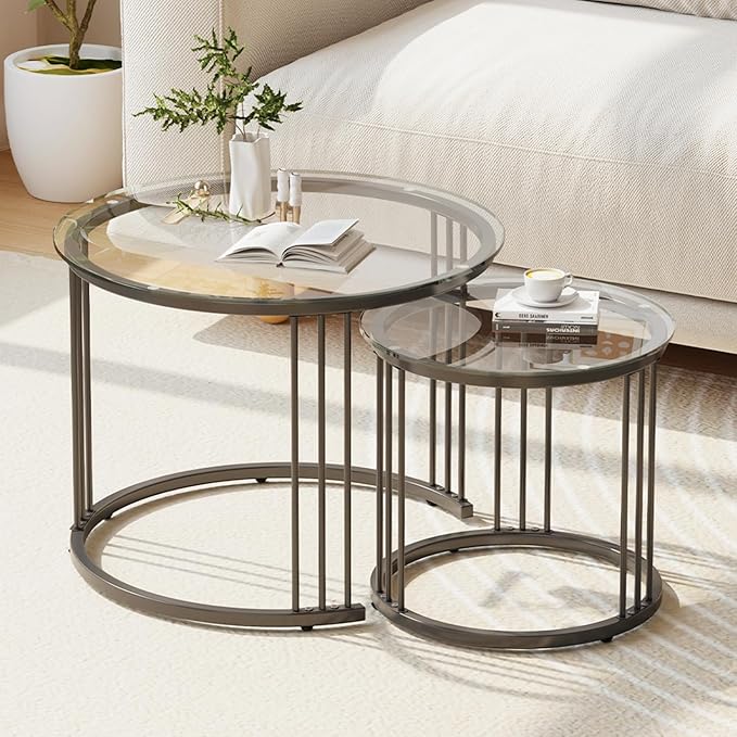 Garden 4 you Nesting Coffee Table, 23.6" Round Coffee Table Set of 2, Glass