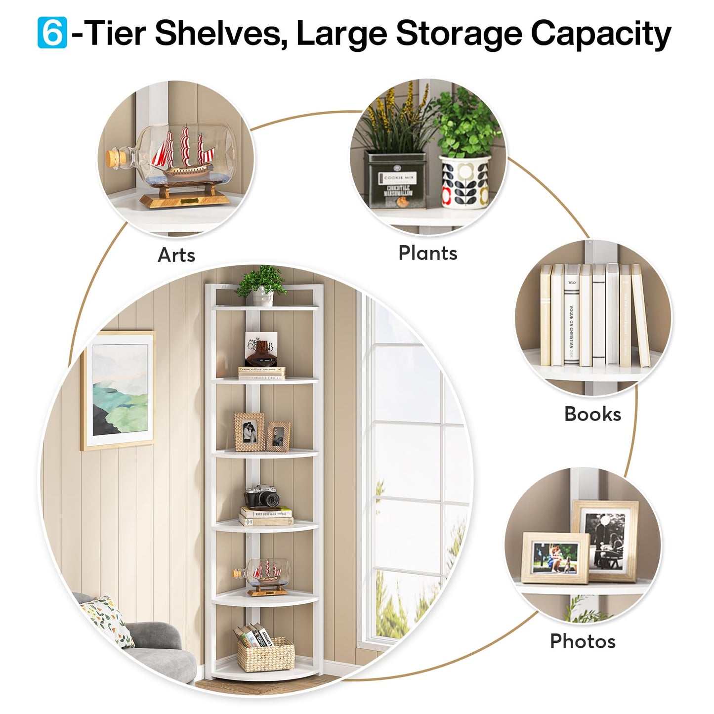 Tribesigns 6 Tier Corner Shelf, 70.9 Inch Tall Corner Bookshelf Small Bookcase Modern Corner Shelving Unit Storage Rack for Living Room, Home Office, Kitchen, Small Space (White)