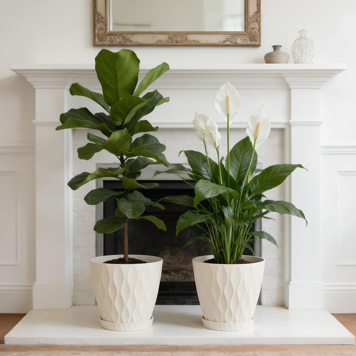UOUZ 8 Inch Plant Pots, 2 Pack Plastic Planters for Indoor Outdoor with Drainage Holes & Saucers, Waffle Texture Flower Pots for Indoor Plants, Indoor Plant Pots for Monstera, Fiddle Leaf Fig, White