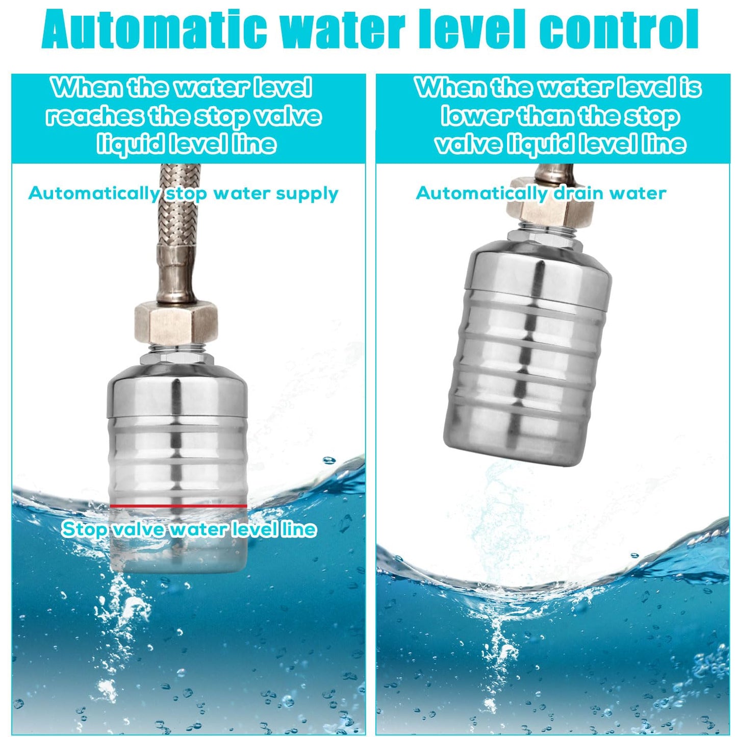 2pcs Water Float Valve, Stainless Steel Automatic Water Level Control Float Valve 1/2in and 3/4in Connection Types for Fish Tank Swimming Pool Livestock Trough