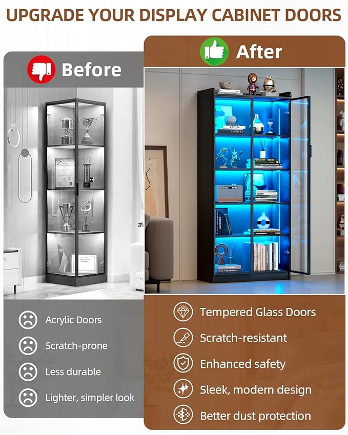 Dystler Display Cabinet with Glass Doors and Shelves, 5 Tier Display Case