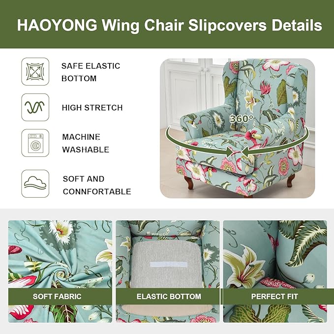 HAOYONG Wing Chair Slipcovers Stretch Wingback Chair Covers Printed 2 Pieces
