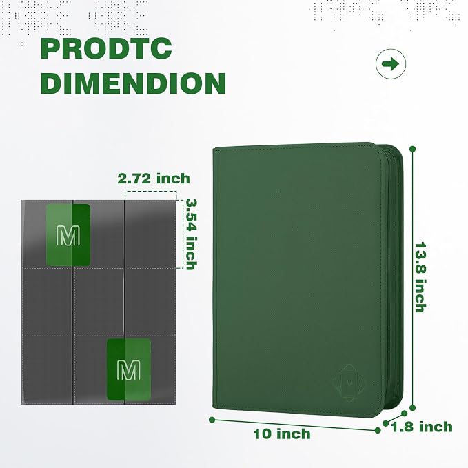Trading Card Binder with 9 Side Loading Pocket Card Album Hold Up to 540 Cards PU Card Collection Binder, Collectible Albums Card Folder for MTG, TCG, Sports Cards（9-Dark green）