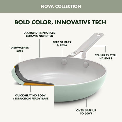 GreenPan Nova 10-Piece Nonstick Cookware Set, PFAS-Free Ceramic Pots & Pans with Silicone Cooking Utensils, Durable Fast Heating, Induction Ready, Oven Safe to 600°F, Dishwasher Safe, Pistachio Green